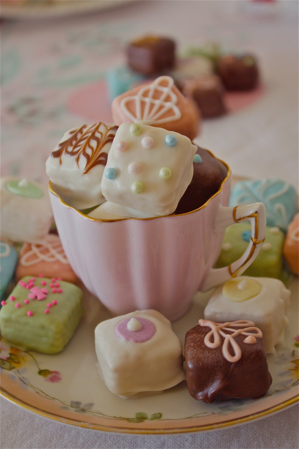 Mother's Day treats-Petite fours-Mother's Day candy-pastel chocolates-Mother's Day gift-Mother's Day cookies-