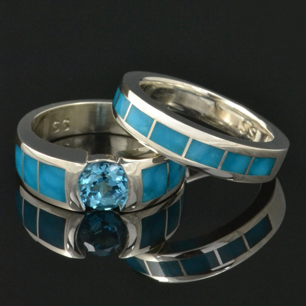 Turquoise and Topaz engagement ring and wedding band set