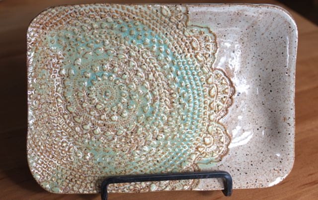Bridges Pottery Small Rectangle Tray Serving Dish - Creme and Green highlighted pattern READY TO SHIP