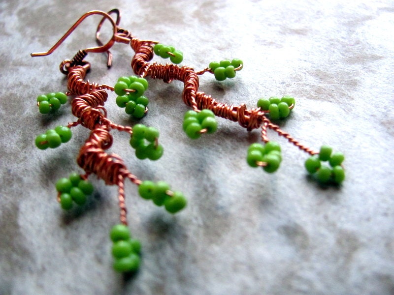 Long Dangle Earrings - Copper and Apple Green Blossoms