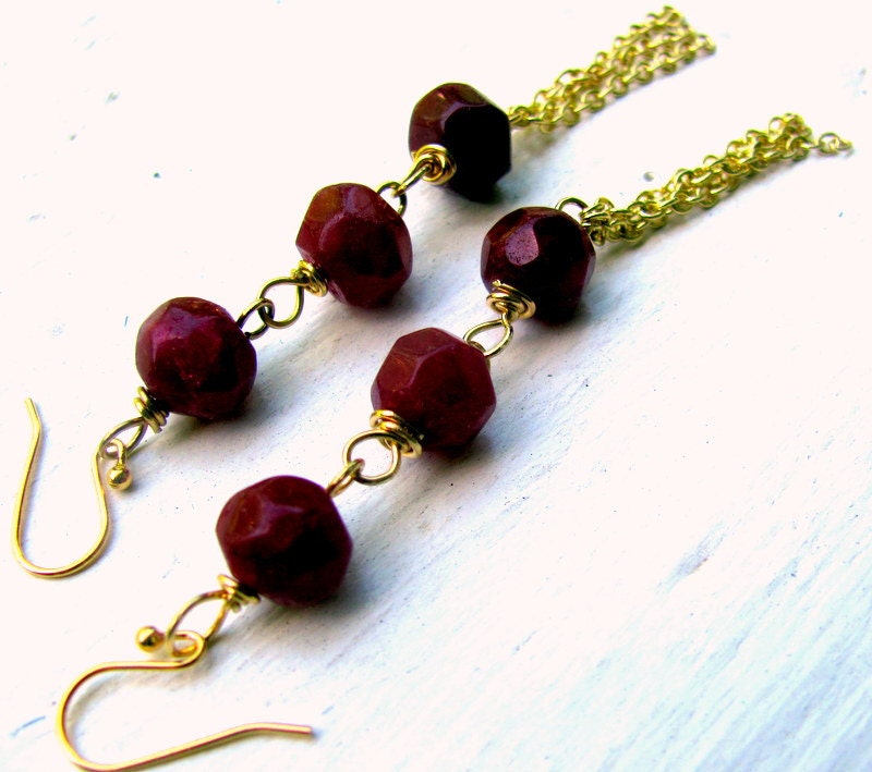 Golden Brass Duster Earrings with Rough Cut Ruby Rondelles