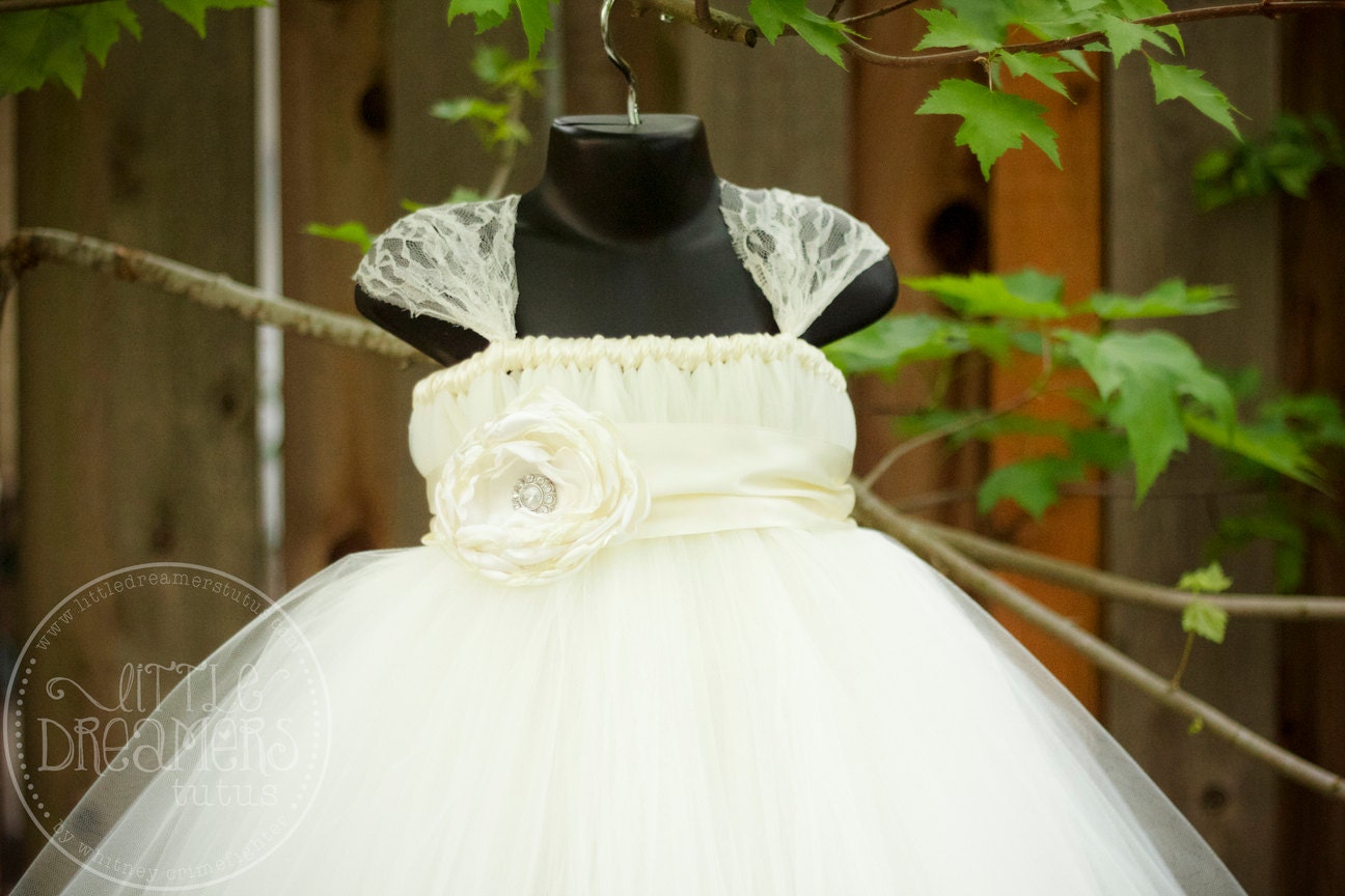Shabby Chic IVORY Flower Girl Dress w/ Lace Cap Sleeves and Flower Sash