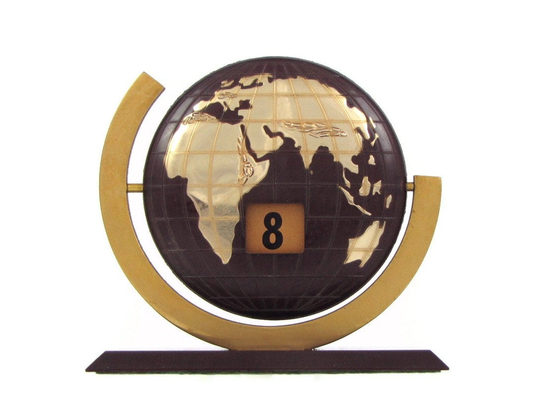As the World Turns - Vintage 50s World Map Flip Calendar, Dark Brown Bakelite & Brass Desk Accessory, Mid Century Office, Father's Day Gift
