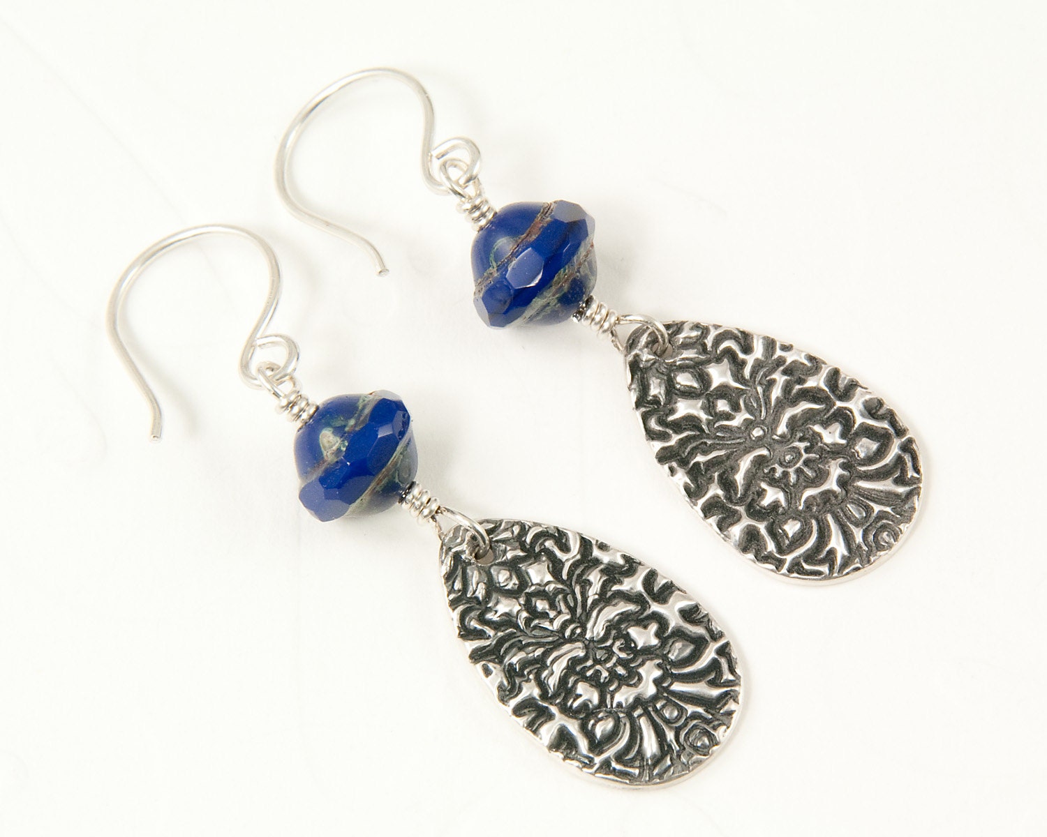 Navy blue earrings, oxidized silver teardrop earrings, Czech glass earrings, Precious metal clay jewelry, blue beaded earrings