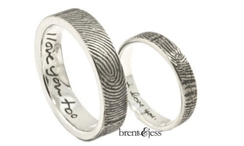 Custom Sterling Silver Fingerprint and Love Note Set of Rings, 5mm and 3mm wedding rings