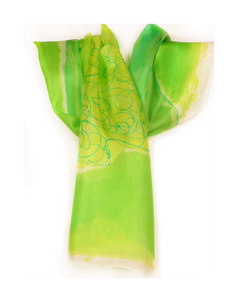 Lime green scarf. Hand painted silk scarf. Neon, abstract scarf with yellow flower. Spring fashion scarf. Painting on silk by Dimo
