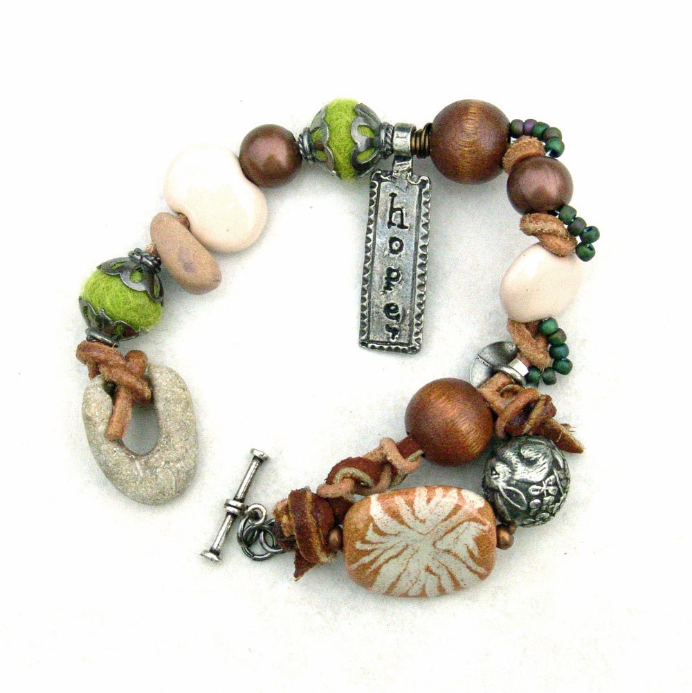 Mixed Media Woodland Bracelet Garden Hope -Owl Rabbit Silver Kazuri Pewter Copper Stone Green Nature