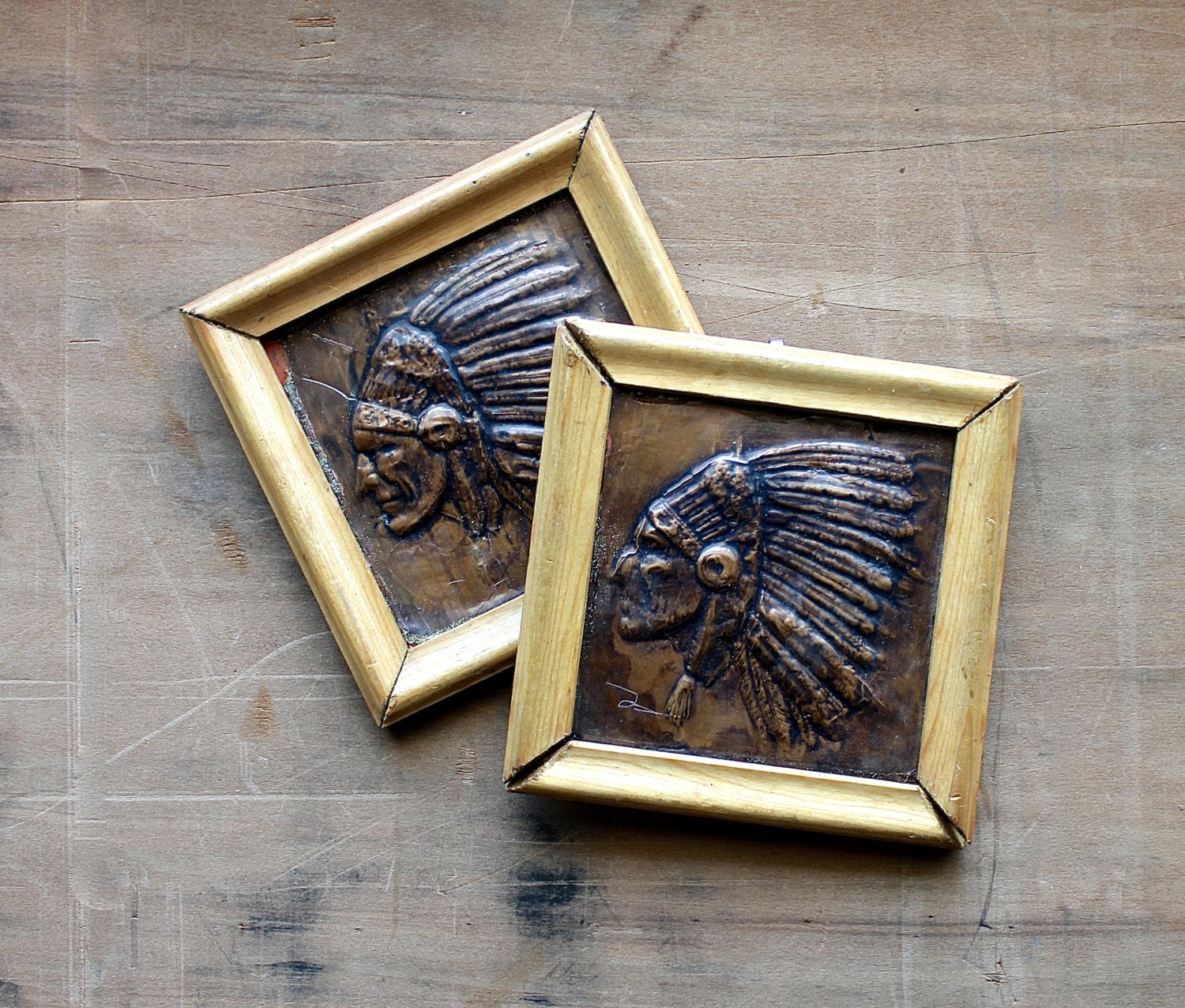Chief Times Two - Vintage Native American Home Decor - Southwest - Tribal - Copper - Wood