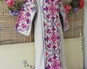 SALE-Vintage 60's 70's Mexican Boho Hippie Heavy Cotton Embroidered Dress Caftan Med