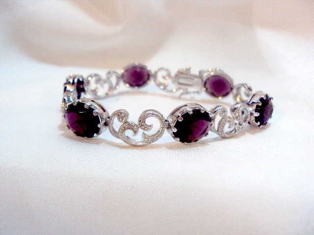 Sterling Silver Amethyst Link Rhinestone Bracelet