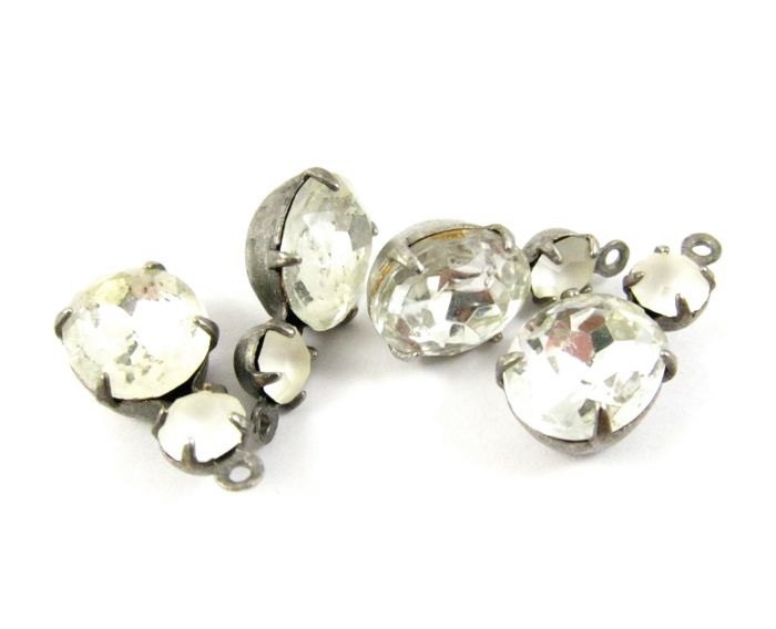 2 - 18x8mm Vintage Glass Round and Oval Stones in 1 Ring Two-Stone Silver Antique Brass Prong Settings - Crystal and Frosted Crystal
