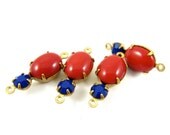 2 - Vintage Glass Stones in 2 Ring Two Stones Brass Prong Settings - Opaque Red and Navy Blue - 21 x 8mm