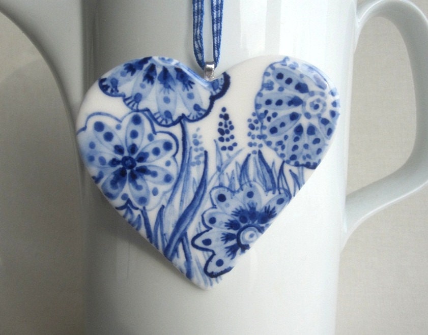 Hand painted porcelain  heart -  Blue and white Delftware ornament