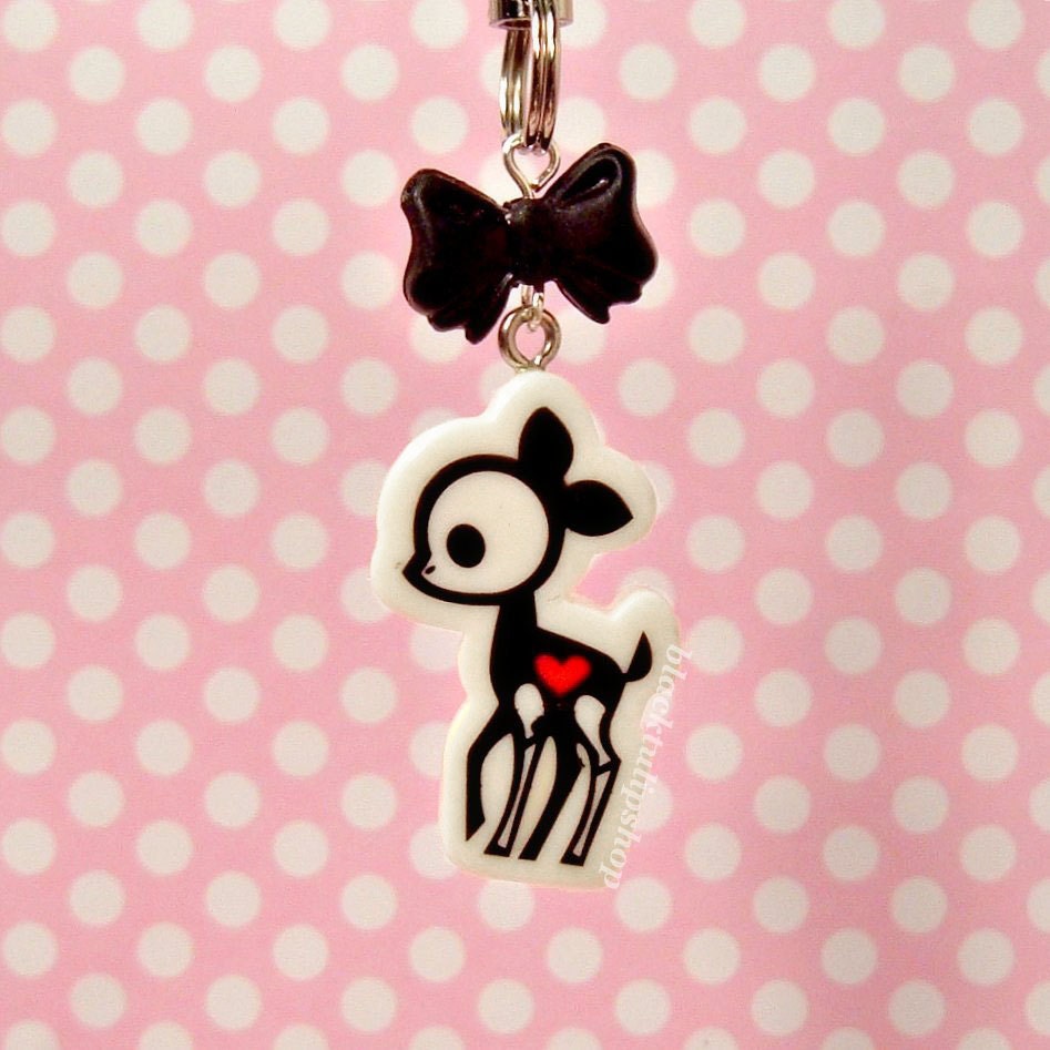 Kawaii Deer Cell Phone Charm Zipper Pull Black Skeleton Bow Creepy Cute Accessory - AS IS