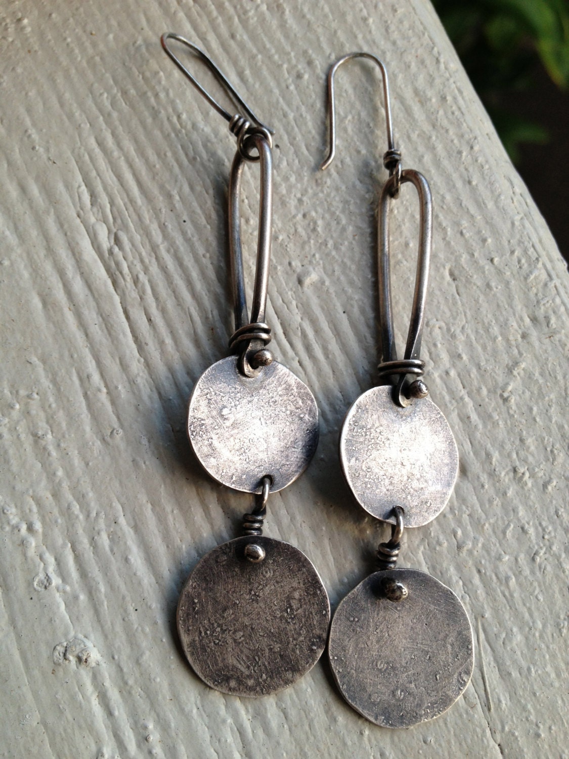 Rustic Hammered Silver Discs Dangle Earrings