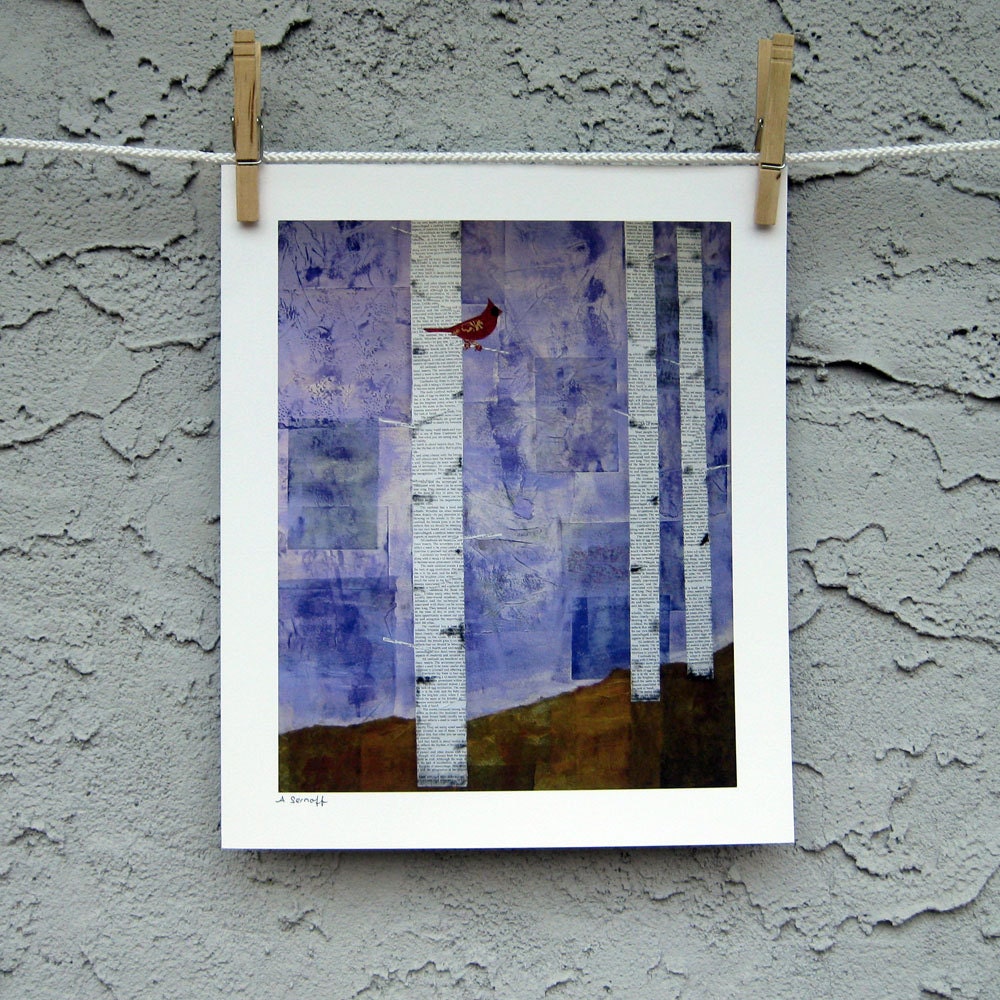 Bird Art Cardinal Birch Trees Fine Art Print 8 x 10