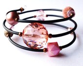 Beaded Memory Wire Black Rubber and Crystal Bracelet - Pink and Peach