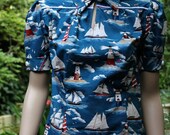 1930s / 1940s WWII Vintage Reproduction Blouse . Nautical / Sailing ships / Lighthouses