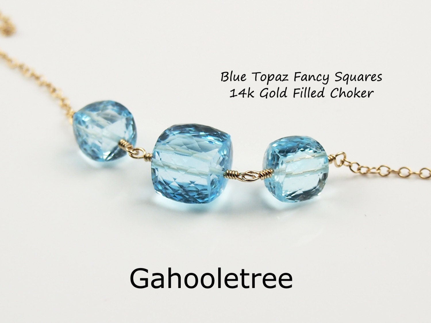 Blue Topaz Fancy Squares 14k Gold Filled Choker. For Her. December Birthstone Gift.