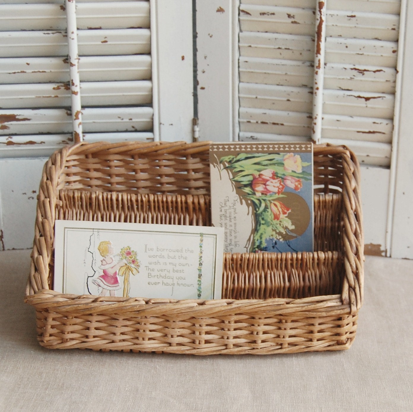 Vintage  Wicker Mail Holder // Letter Holder // Cottage Chic Desk Caddy / Organizer
