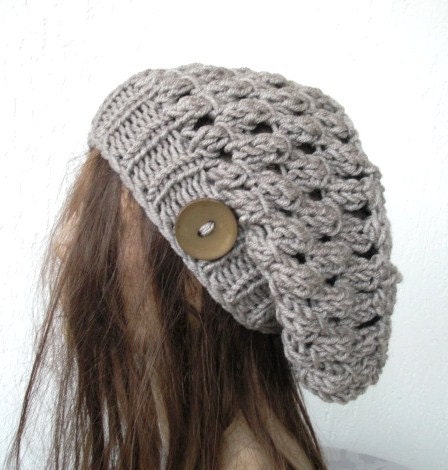 Hand Knit Hat  chunky knit  beret in linen oatmeal beige  with button - womens Slouch Tam  Fall Autumn winter  hat Fashion Accessories