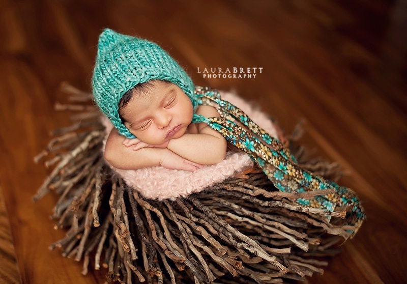 Pure Merino Wool Aqua Bonnet with Floral Fabric Ties - newborn photo prop