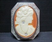 Vintage Art Deco Cameo Brooch - 1920s - Habille - Celluloid - Silver Tone - Rhinestones - Great Gatsby Style