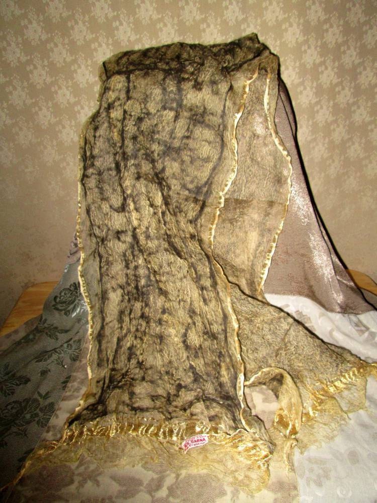 Nuno Felted Upcycled Vintage gold Silk Brocade Scarf - Sheer & Lightweight - Eco Chic Fashion - OOAK Handmade Felt Scarves