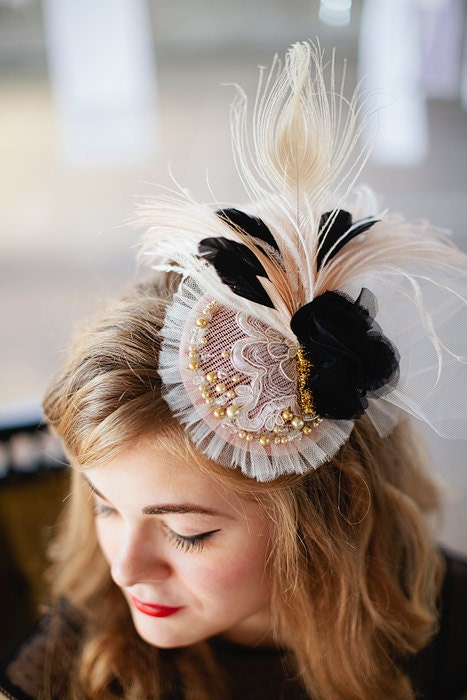 Glamour Girl mini bridal hat in blush pink black ivory gold with feathers