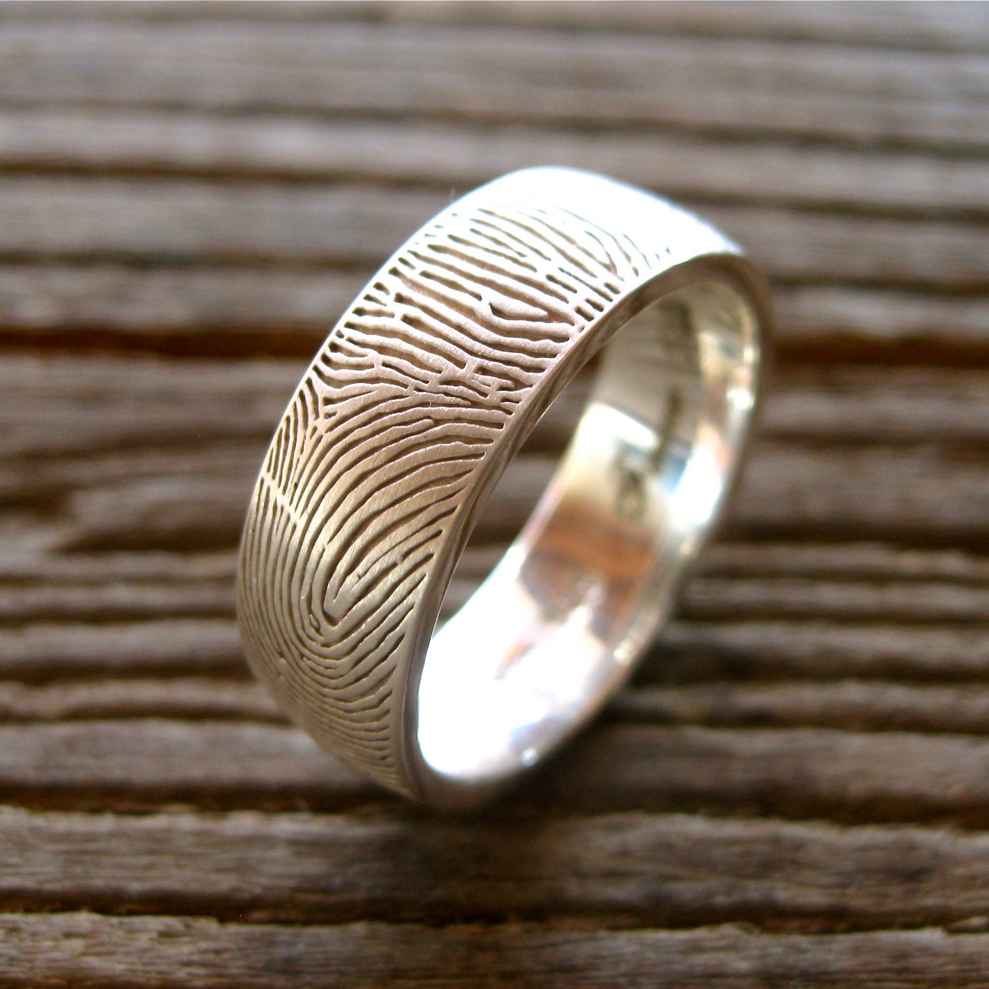 Hand Made Finger Print Wedding Ring in Sterling Silver with Rounded Profile Matte Finish and Text Engraving Size 12/8mm