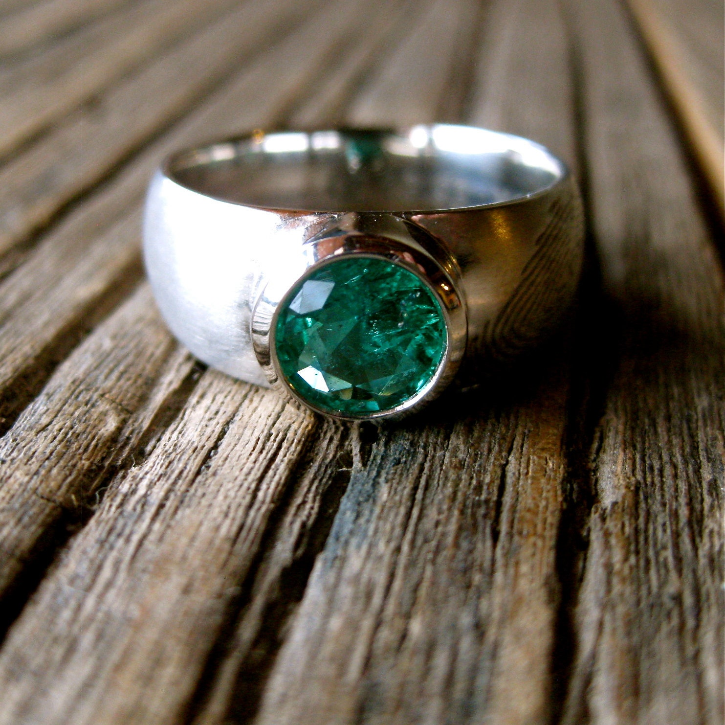 Custom Designed Emerald Finger Print Wedding Ring in Platinum with Tapered Width Matte Finish and Text Engraving Size 9