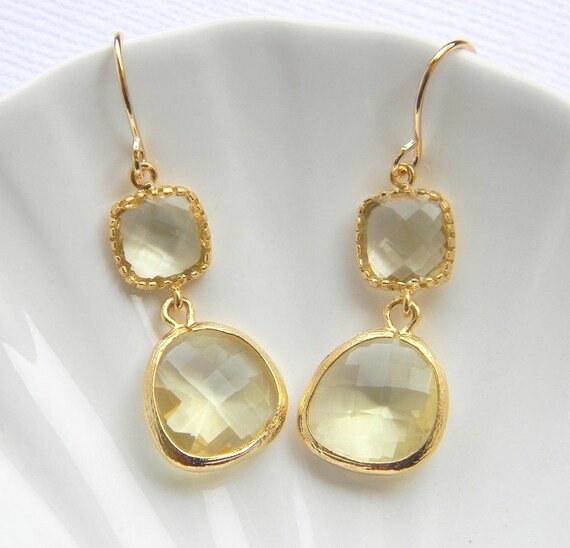 Gold Bridesmaid Earrings - Lemon Yellow Earrings - Boho Chic Earrigns - Colorblock Earrings - Gift - Avant Garde Earrings