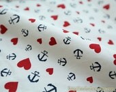 Nautical Marine, Lovely Navy Anchor and Red Hearts - THICK Cotton Fabric(1/2 Yard)