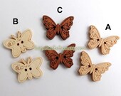 Wooden Buttons, Natural Color - Cute Butterflies, Choose One Pattern (6 in a set)