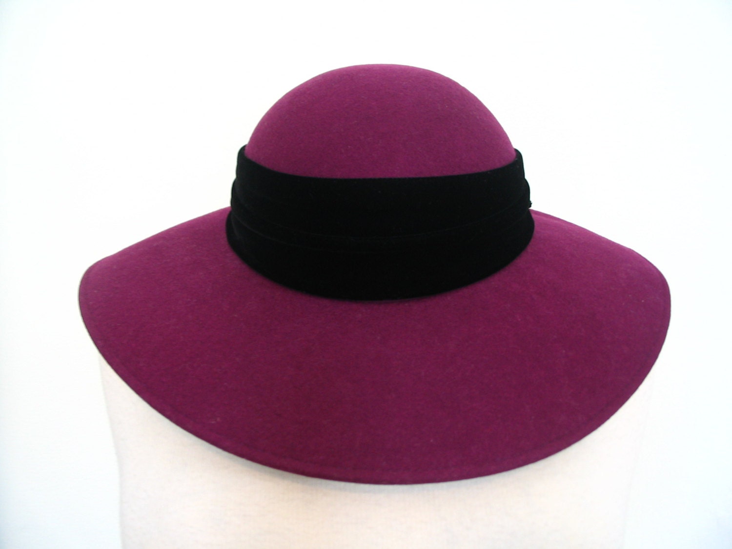Magenta Wool Wide Brim Hat with Velvet Bow