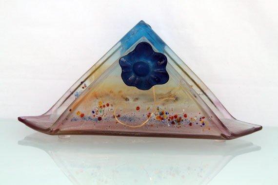 Fused glass napkin holder , blue casting flower
