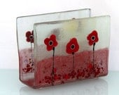 Fused Glass napkin holder , red Poppies in Calm white & red  landscape .