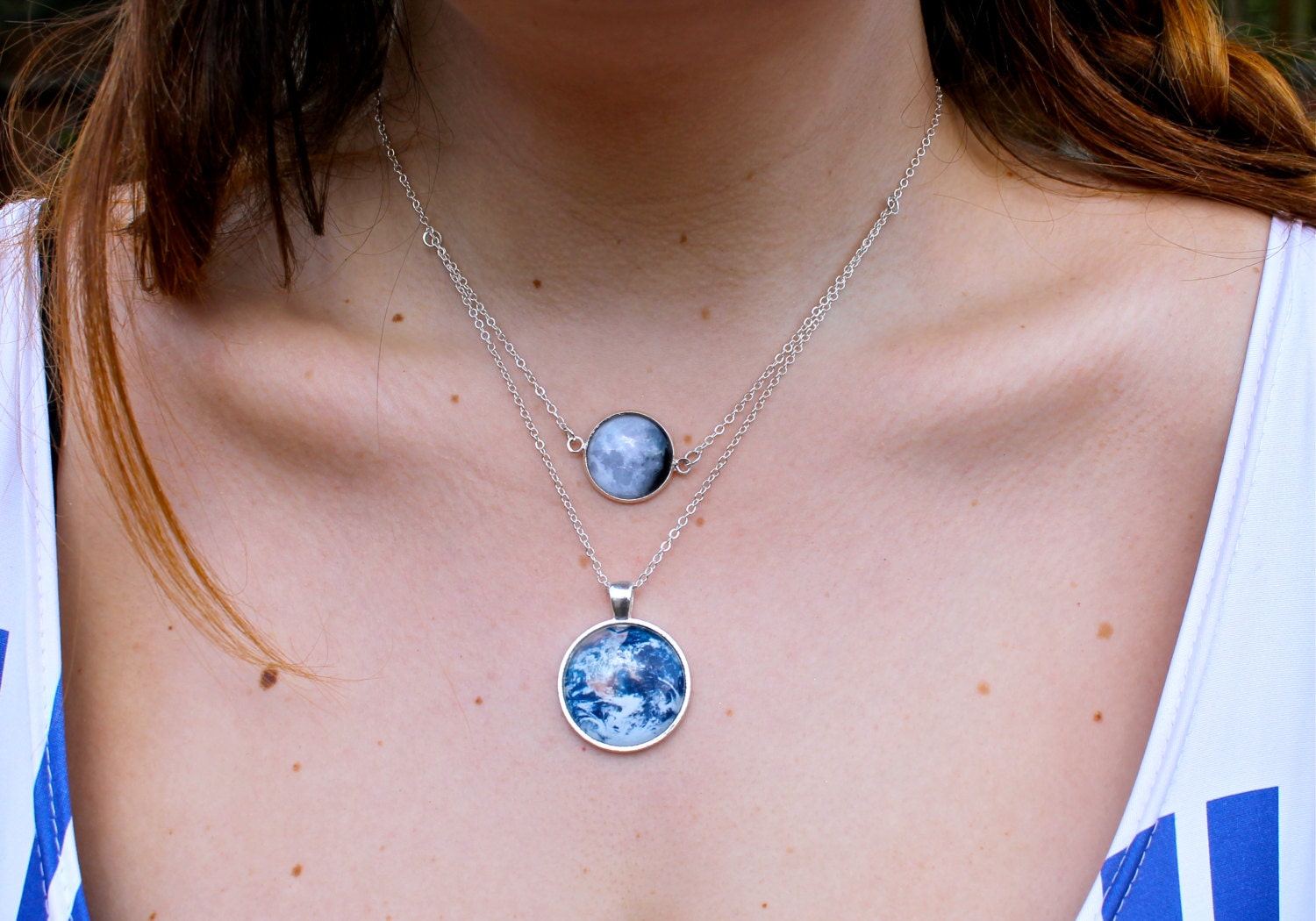 The Moon and Earth - Layered Glass Dome Full Moon and Planet Necklace