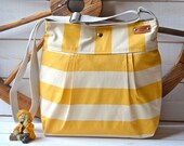 WATERPROOF Diaper bag / Shoulder Bag / Everyday Purse / Sail Tote- STOCKHOLM Yellow and Ecru  Pleated  10 pockets Made to order