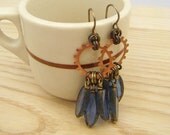 Steampunk gear earrings, blue glass, copper, brass