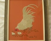 Large and In Charge. Dynamic Vintage Chicken and Chicks Embroidery - Framed - Rustic Wooden Frame - Glass Front - Wall Hanging