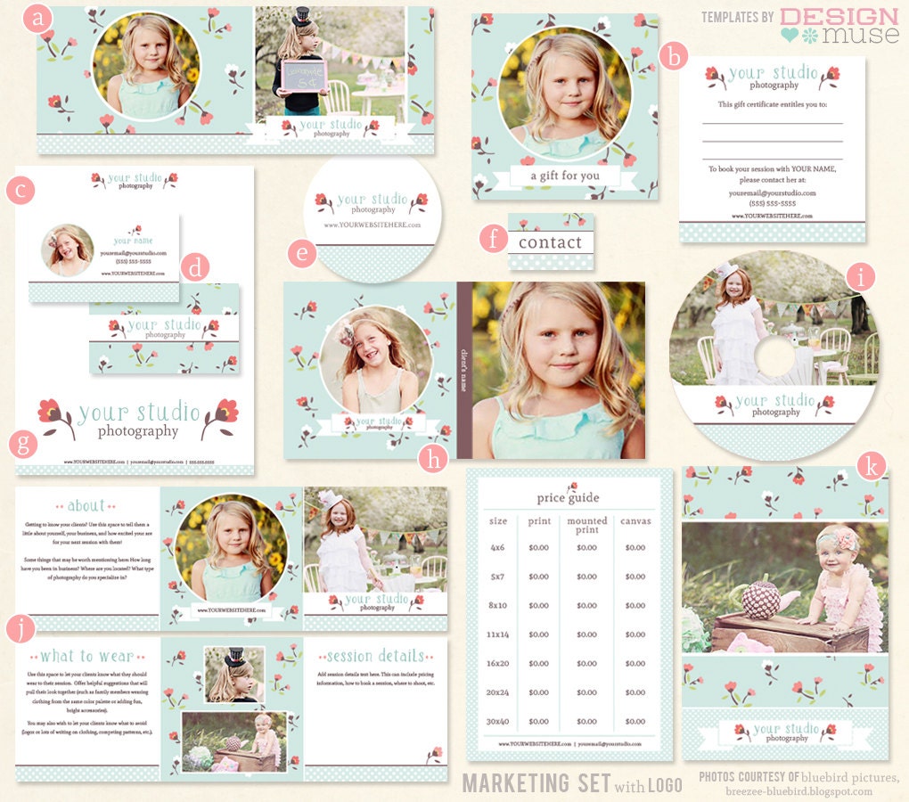 Photography Marketing Template Set with Logo for Photographers - Vintage Floral Set - INSTANT DOWNLOAD