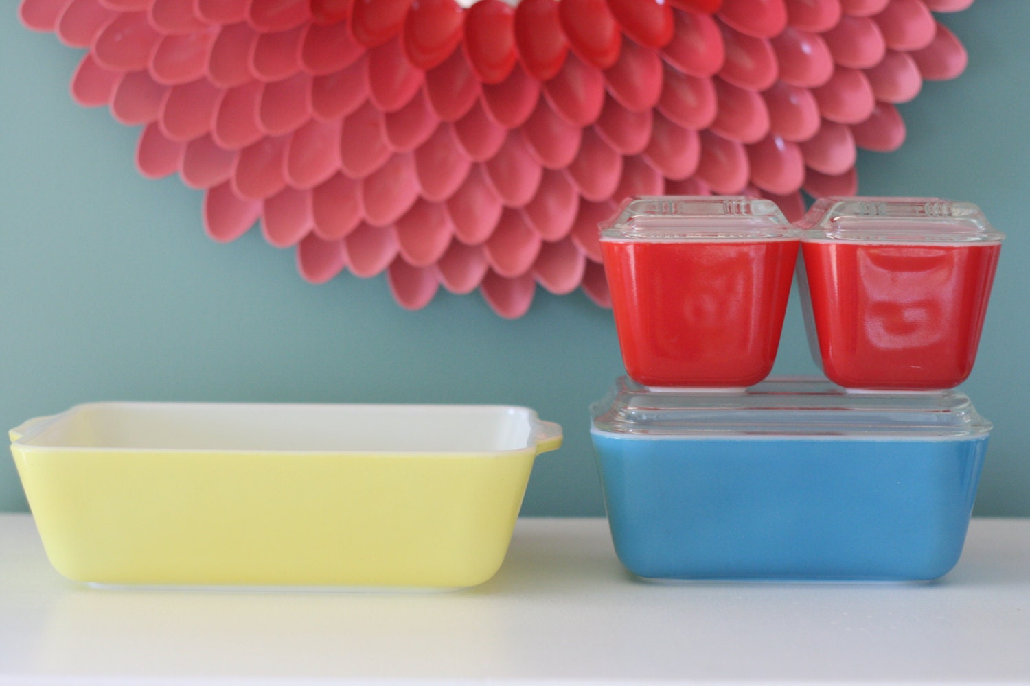 Vintage Pyrex Primary Colors Oven and Refrigerator Set Red, Yellow and Blue