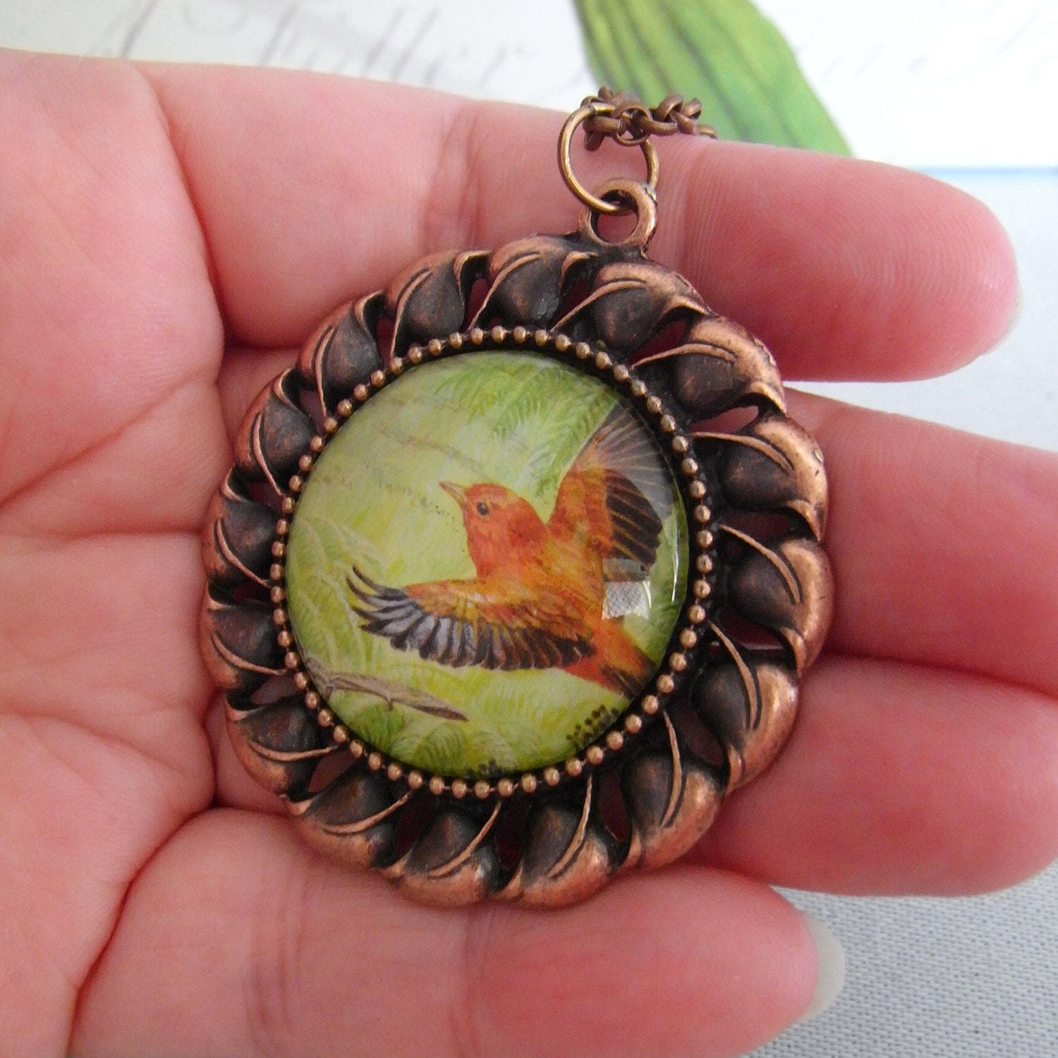 postage stamp pendant, bird, usa, hawaiian rainforest, exotic bird