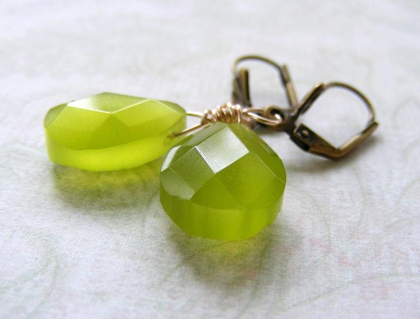 Olive Green Wire Wrapped Glass Briolette Earrings