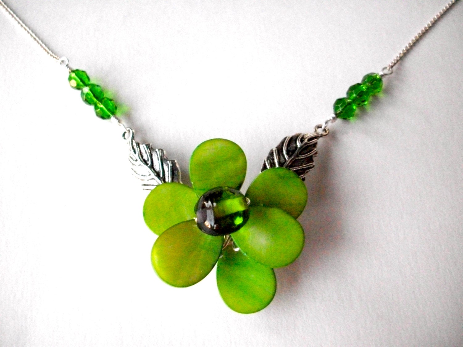 SALE Flower necklace, green MOP wire wrapped with silver leaves, glass, crystal beads silver chain