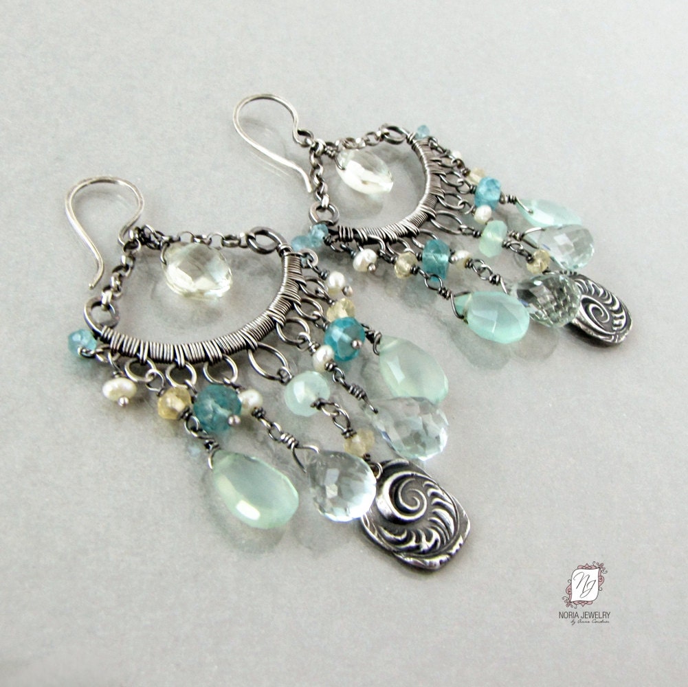 Sterling silver chandelier earrings, aqua, blue and sea foam green gemstones