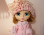 Hand Knitted Hat for Blythe....  Beautiful Pink and Cream...Vintage Lace and Crocheted Flower