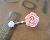 Rose Bud Belly Button Ring Coral Pink- Flower Floral Rosebud Navel Jewelry Piercing Bar Barbell