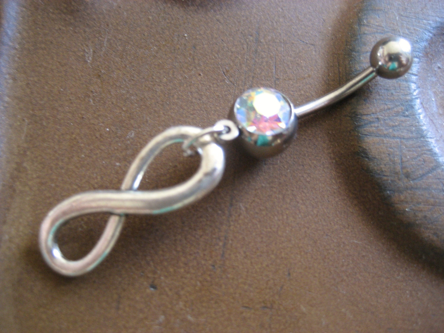 Belly Button Jewelry- Infinity Sign Forever Symbol Opal Navel Ring Piercing Bar Barbell Charm Dangle